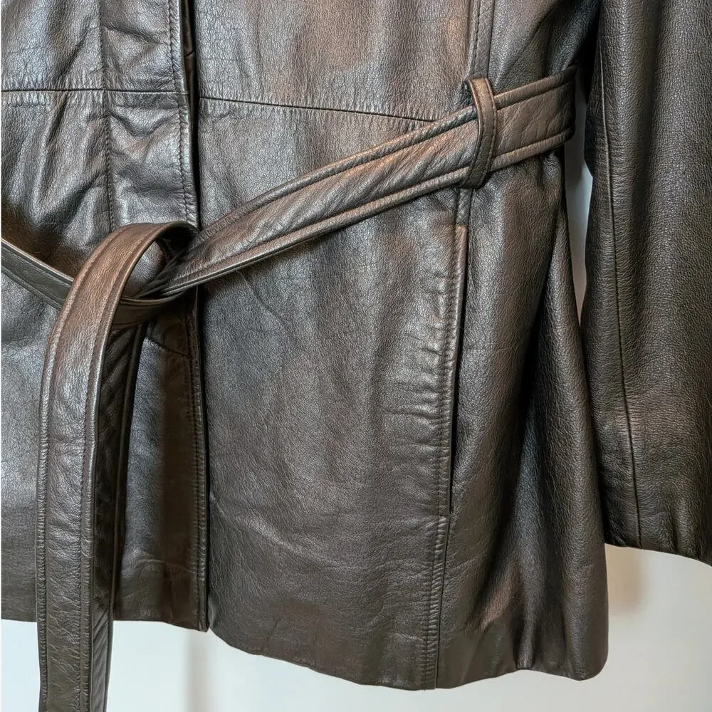 Vintage Jacqueline Ferrar Women's Sz XL Black Leather Trench Coat Zip Out Lining